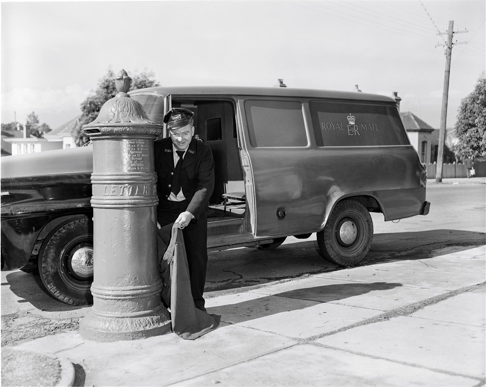 Pillar letterbox Strathfield with mail van 1959. Courtesy National Archives of Australia.jpg
